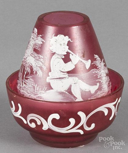 Cranberry fairy lamp, early 20th c., with a boy playing a flute, 3 1/4'' h.