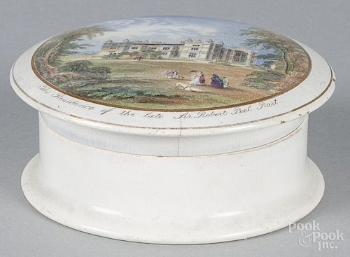 Pearlware pot lid, 19th c., depicting Drayton Manor, 5 1/4'' dia.