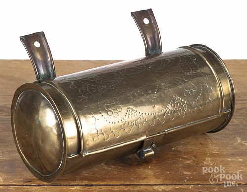 Engraved brass candle box, 19th c., 11'' w.