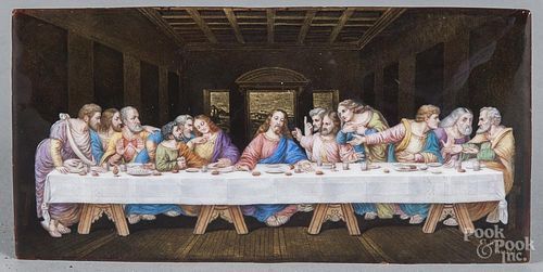 Enameled copper plaque of the last supper, 19th c., signed H. D. Limoges, 3 3/4'' x 7 1/4''.