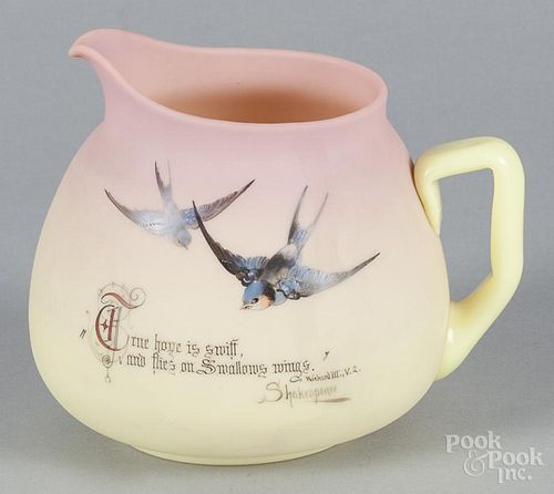Mount Washington Burmese glass pitcher, ca. 1900, with a Shakespeare inscription True love is swift