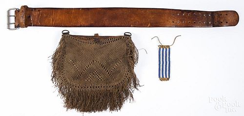 American canvas and macramé woven messenger bag, 20th c., 11'' h., 15'' w.
