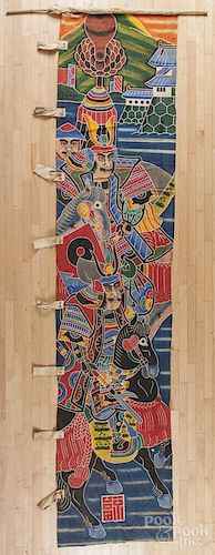 Chinese hand-painted banner, 20th c., depicting warriors on horseback, 159'' x 35''