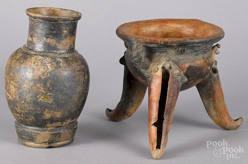 Pre Columbian Diquis tripod rattle vessel with fox legs, 6 3/4" h.