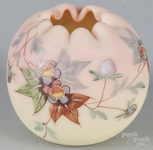 Mount Washington Burmese glass rose bowl, ca. 1900, with floral decoration, 3'' h.