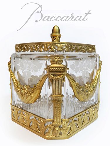 19th C. French Baccarat Crystal Dore Bronze Casket Box