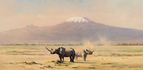 David Shepherd (1931–2017) — Amboseli Evening [or] Rhinos with Mt. Kilimanjaro (1967)
