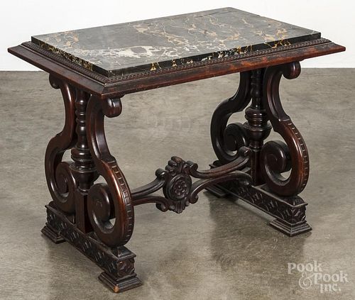 Mahogany marble top stand, ca. 1900, 21 1/2'' h., 28'' w., 18 1/2'' d.