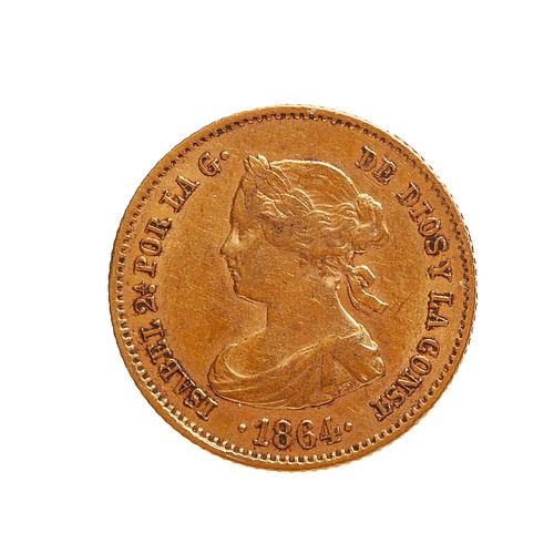 Coin of 40 reales of Isabel II, 1864, mint Madrid.
Gold.
Weight. 3,36 g.
