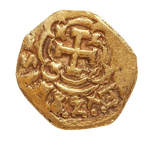 Coin of a shield macuquino of Felipe IV, XVII century.
Hammer struck, gold.
Weight: 3,35 g.