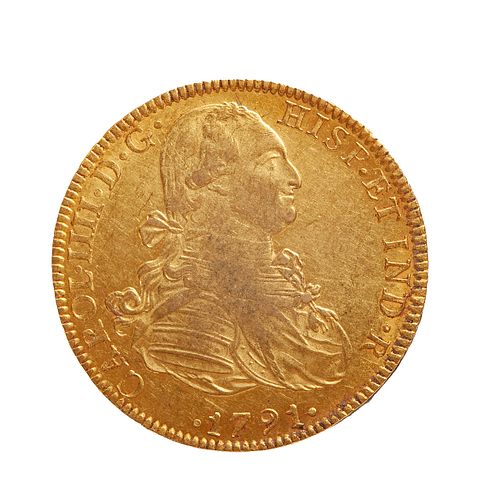 Coin of 8 escudos of Carlos IIII, 1791, mint Mexico.
Gold.
Weight: 27 grs.