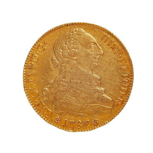 Coin of 8 escudos of Charles III, 1787, Seville mint.
Gold.
Weight: 26,95 grs.