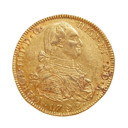 Coin of 8 escudos of Charles IIII, 1792, mint Nuevo Reino.
Gold.
Weight: 27 grs.