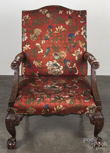 George III style carved mahogany open armchair.