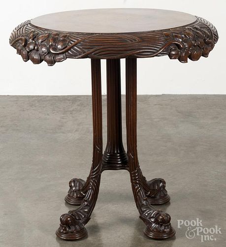 Art Nouveau burl veneer center table, early 20th c., 29 1/4'' h., 28 3/4'' w.