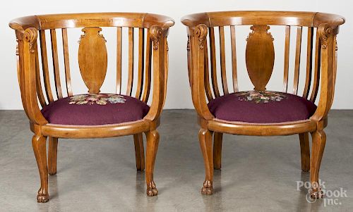 Pair of mahogany roundabout chairs, ca. 1900.
