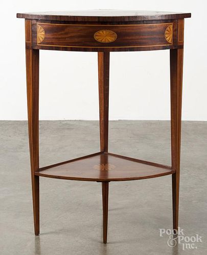 George III style inlaid mahogany corner table constructed from period and non-period elements, 32'' h.