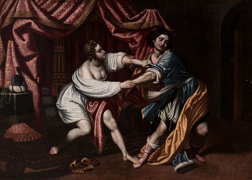 School of GIOVANNI BILIVERTI (Florence, 1585-Florence, 1644); Italy, 17th century.
"Joseph and Potiphar's wife",
Oil on canvas. Relined.