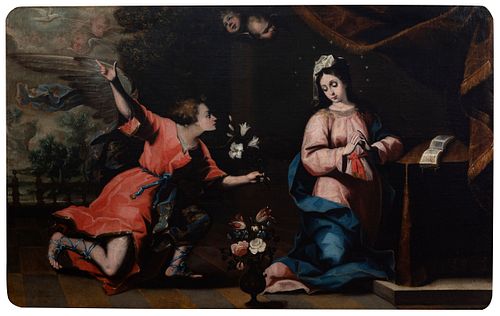 Circle of JUAN LUIS ZAMBRANO (Córdoba, 1598 - 1639).
"Annunciation".
Oil on canvas. Relined.
