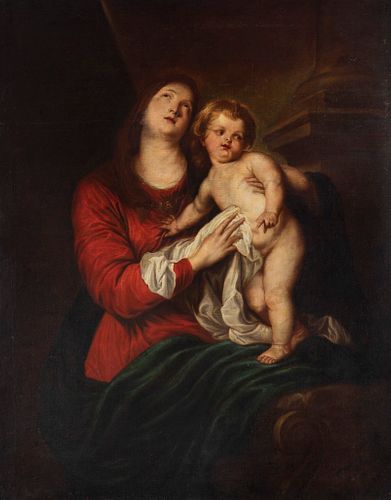 School of ANTON VAN DYCK (Antwerp, 1599 - London, 1641). 17th School.
"Virgin with the Child".
Oil on canvas. Relinded painting.