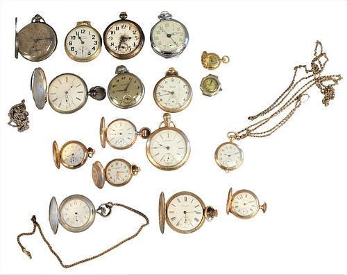 Seventeen Watches and Two Chains, to include pocket watches, lapel watches, one wristwatch, silver, gold plated, etc.