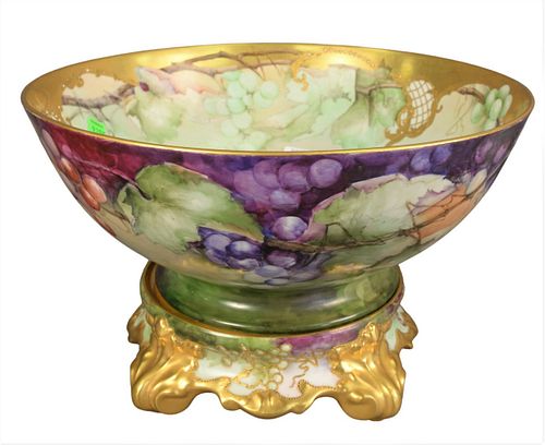 Haviland Porcelain Punch Bowl and Fitted Base, having grape decoration and gilt rim, marked to the underside, diameter 15 inches.