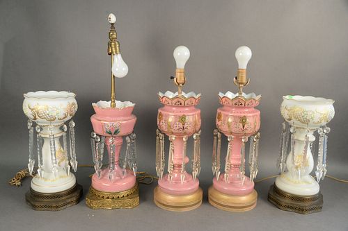 Five Piece Group of Glass Lusters, each made into table lamps, to include a pair of frosted white satin glass lusters with gilt and floral decoration;