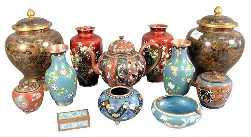 Twelve Piece Cloisonne Group, to include two pairs of Chinese cloisonne vases, a turquoise pair having pink, red and blue flowers, marked China to the