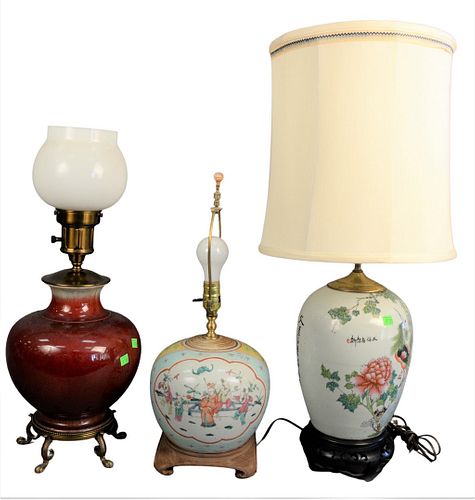 Group of Three Chinese Lamps, to include one ox blood vase raised on a brass base, having paw feet; a vase having a peacock and smaller bird decoratio