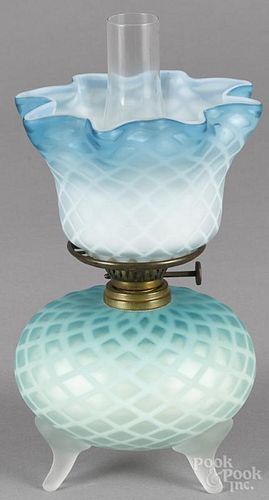 Miniature diamond quilted satin glass oil lamp, ca. 1900, 9'' h.
