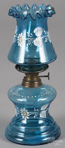 Miniature enameled cobalt oil lamp, ca. 1900, 8 1/2'' h.