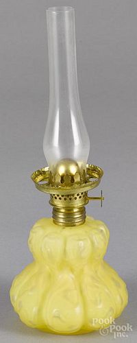 Miniature satin glass rainbow oil lamp, ca. 1900, 5'' to top of burner.
