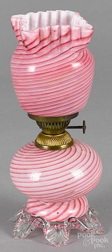 Miniature candy stripe oil lamp, ca. 1900, 10'' h.