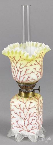 Miniature Webb coralene oil lamp, late 19th c., signed on base, 9 3/4'' h. to top of shade.