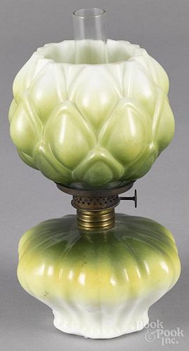 Miniature milk glass artichoke oil lamp, ca. 1900, 8'' h. to top of shade.