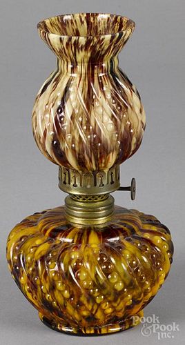 Miniature beaded end of day oil lamp, ca. 1900, 8 1/2'' h.