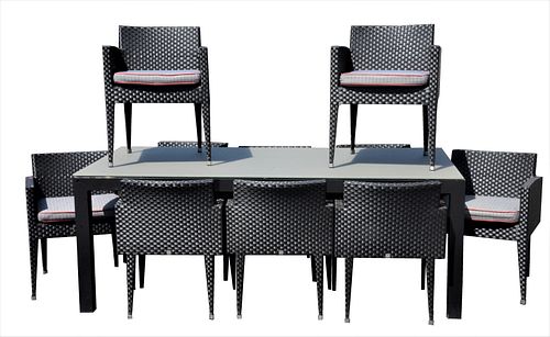 11 Piece Outdoor Set, set of 10 Sifas armchairs, having custom cushions, a glass top table with 2 leaves, along with custom outdoor covers, table 39 1