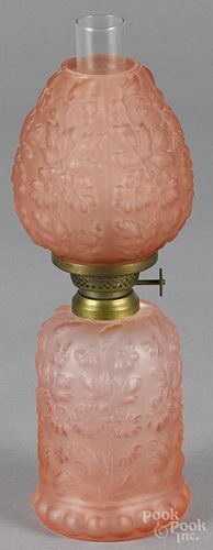 Miniature embossed floral oil lamp, ca. 1900, 9 1/2'' h.