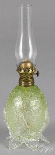 Miniature green crackle glass fluid lamp, ca. 1900, 6'' h. to top of burner.