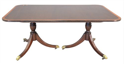 Custom Mahogany Dining Table, having banded inlaid top, along with two leaves, height 28 3/4 inches, width 44 1/2 inches, length 67 3/4 inches, (one s