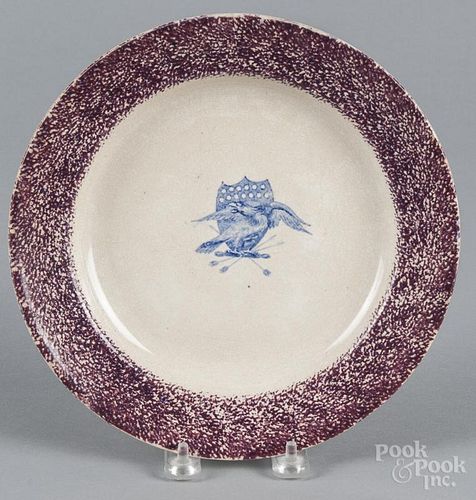 Blue spatter plate with transfer eagle decoration, 9 1/8'' dia.