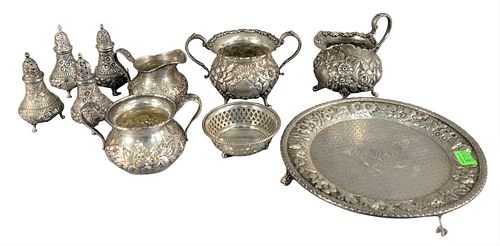 Sterling Silver Lot, to include two repousse sugars and creamers; two repousse pepper shakers; footed salver by Kirk, Jenkins & Jenkins; large ladle; 