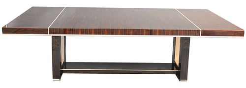 Dakota Jackson Grand Extension Dining Table, in lacquered macassar ebony, enameled wood, and chromed steel, having two 18 inch extensions leaves, heig