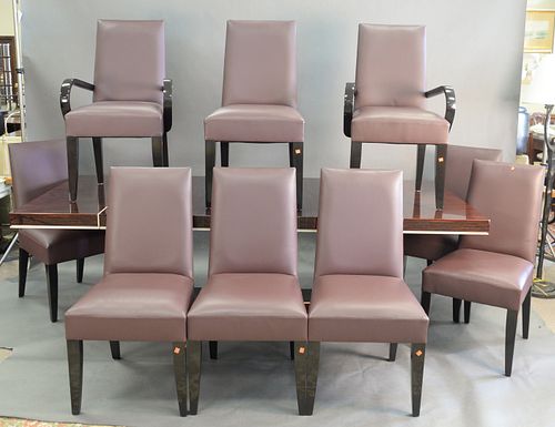 Set of Ten Dakota Jackson Dining Chairs, to include two arm and eight side chairs, each in plum leather upholstery, seat height 18 1/2 inches.