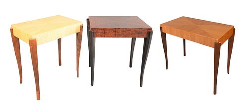 Group of Three Dakota Jackson Side Tables, in three shades of lacquered wood tops, each height 24 inches, tops 20" x 36", 18" x 26" and 20" x 26".