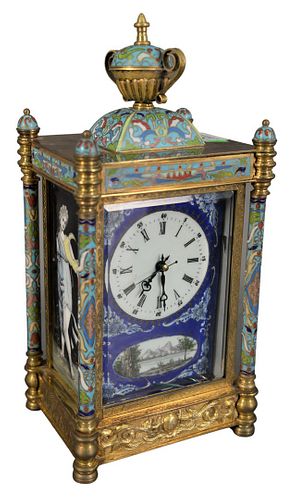 French Enameled Brass Mantle Clock, having painted enameled sides of a female figure and a mountain landscape painted under the clock face, and a cloi