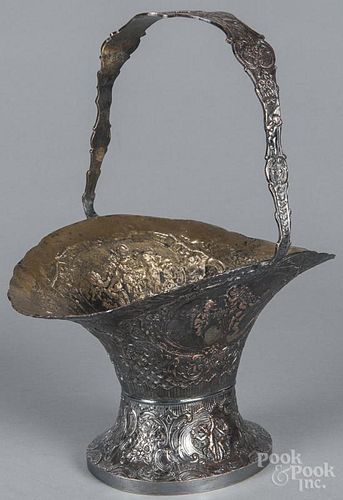 Sheffield silver-plate basket, ca. 1900, with embossed cherub decoration, 13'' h.