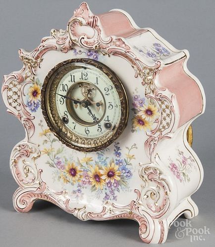 Ansonia Royal Bonn porcelain mantel clock, ca. 1900, La Vogue, 12 3/4'' h.