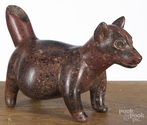 Colima pre-Columbian pottery dog vessel with red glaze, black speckling, a tail-formed spout
