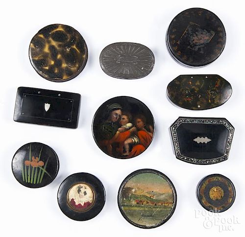 Ten Continental lacquered and painted snuff boxes, 19th c., to include wood and papier-mâché examples